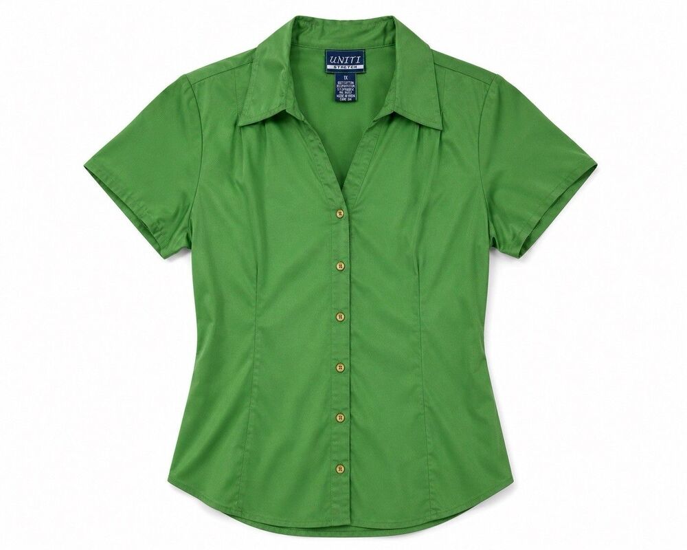 Uniti Shirt Women's 1X Green Short Sleeve Button Front Stretch Collared Top